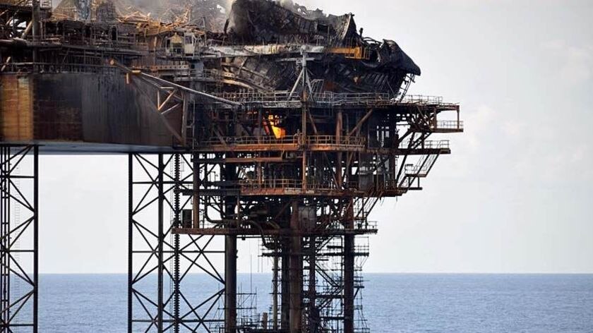 The burnt out remains of the platform and facilities on the West Atlas oil rig