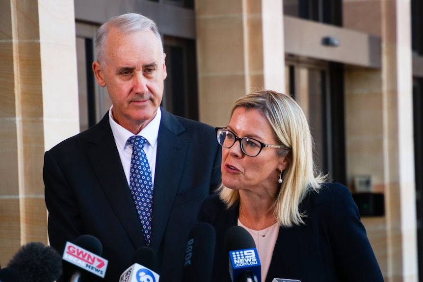 New WA Liberal leader David Honey and deputy leader Libby Mettam speaking at a media conference.