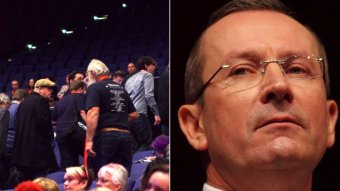 A headshot of Mark McGowan and people walking out of a theatre