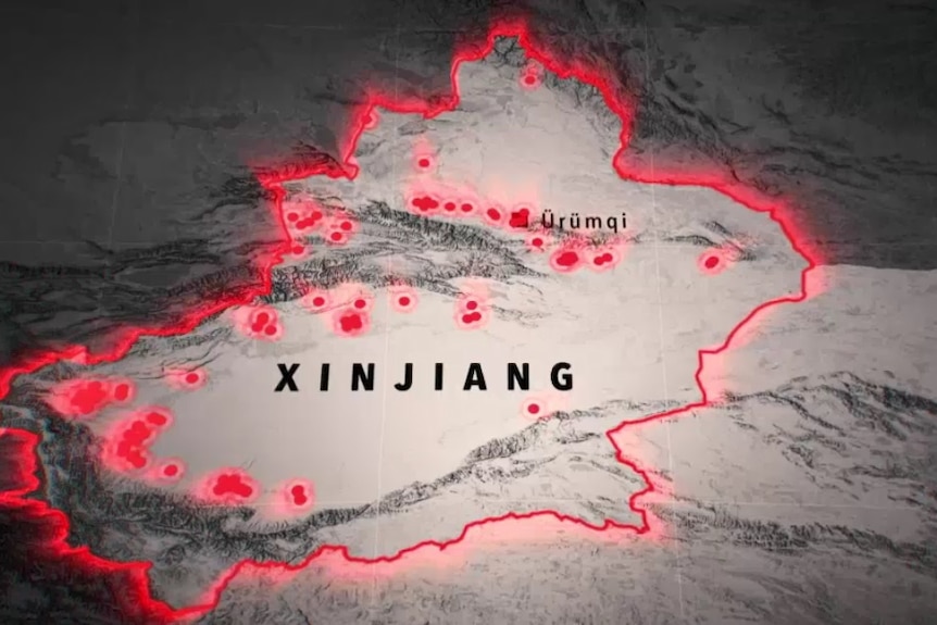Red dots indicate the suspected locations of 're-education' camps across Xinjiang province as mapped by researchers.