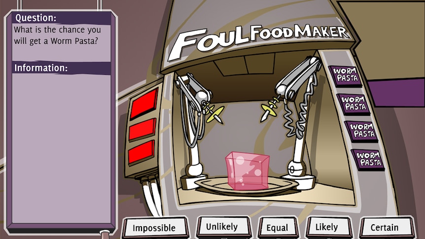 Cartoon machine with label "Foul Food Maker", buttons with label "worm pasta"