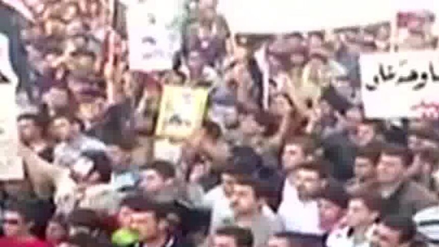 An image from a YouTube video reportedly shows an anti-government protest near Idlib in Syria.