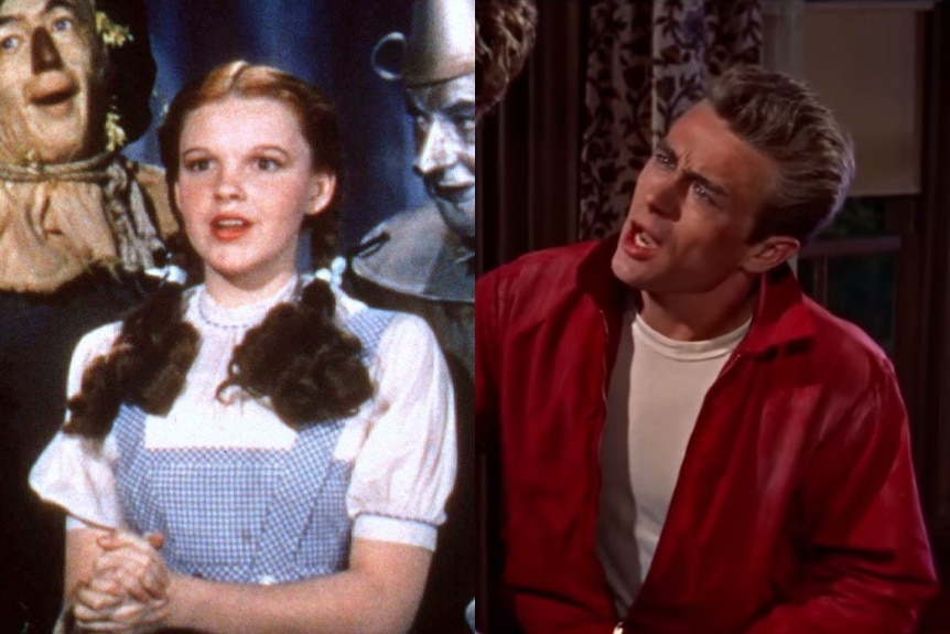 A collage of Judy Garland in Wizard of Oz and James Dean in Rebel with a Cause 