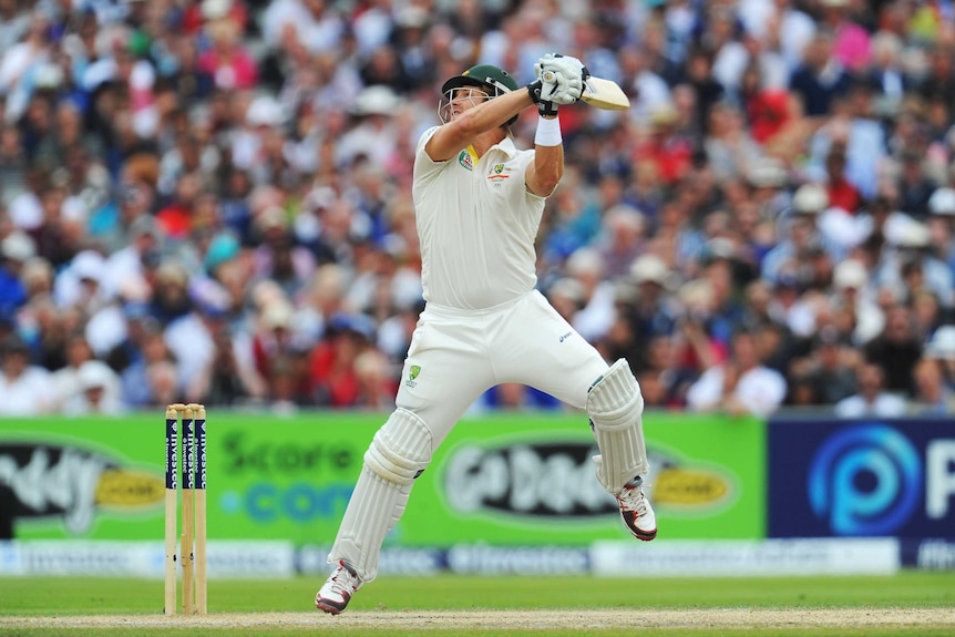 Australia's Shane Watson gets out to a ball from Tim Bresnan on day four at Old Trafford.