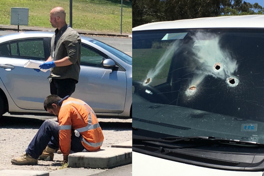 A composite image of a man sitting on the ground, and several circular holes in the windscreen of a car.