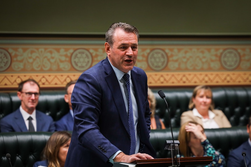 a man in parliament talking to other members