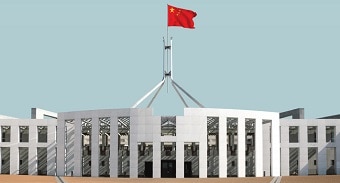 A doctored image showing the flag of the People's Republic of China flying on top of the Australian Parliament in Canberra.