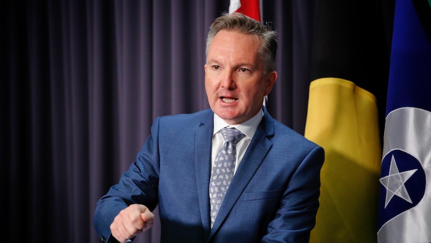 Chris Bowen wearing a blue suit and tie mid-sentence, gesturing with his right hand in front of a blue curtain