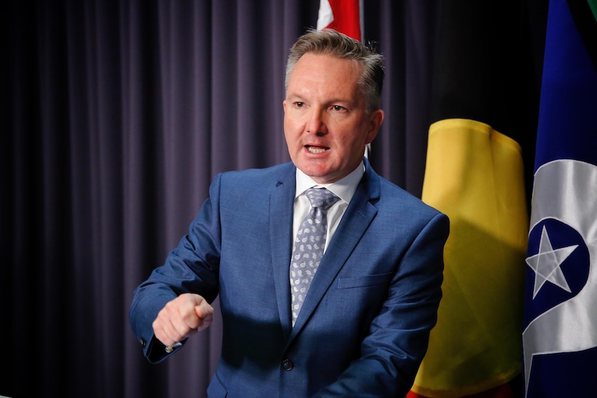 Chris Bowen wearing a blue suit and tie mid-sentence, gesturing with his right hand in front of a blue curtain