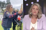 Side by side photos of Lidia Thorpe wearing sunglasses, speaking animatedly to media, and Clare O'Neil during a 7.30 interview