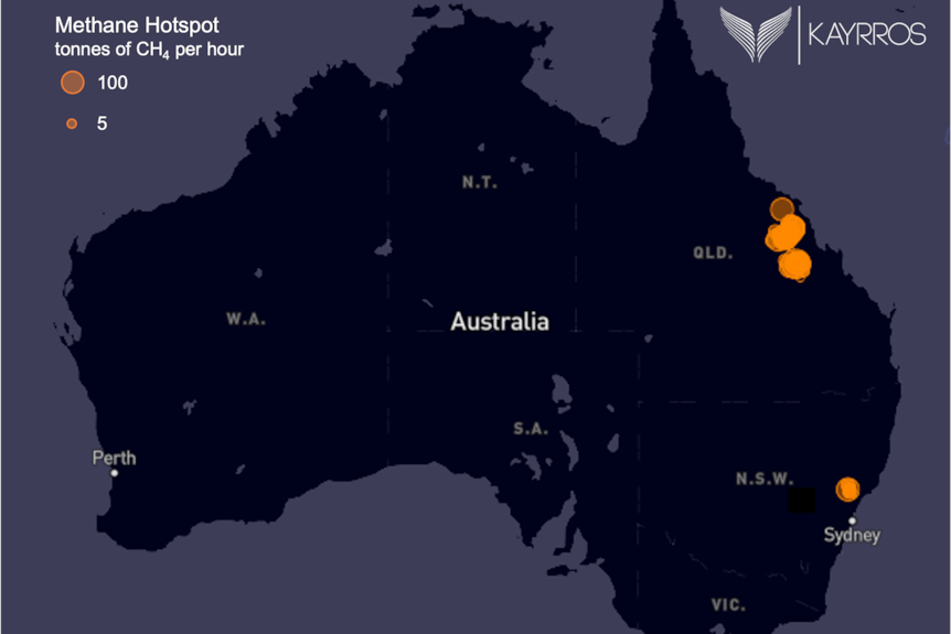 A dark coloured map of Australia showing methane hotspots in Queensland and NSW.