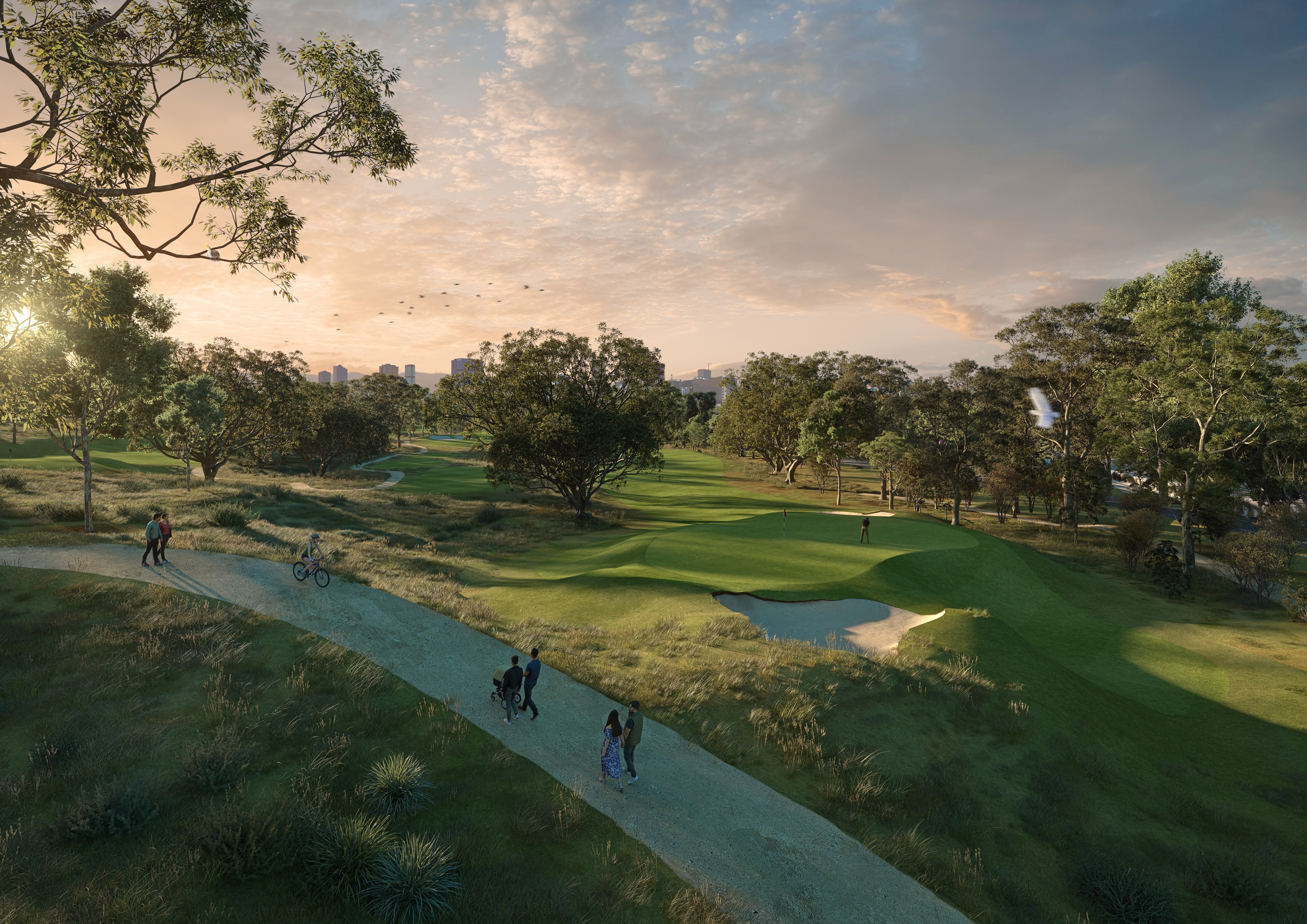 Un diseño conceptual que muestra a personas caminando por un sendero con un campo de golf al fondo y un cielo al atardecer.