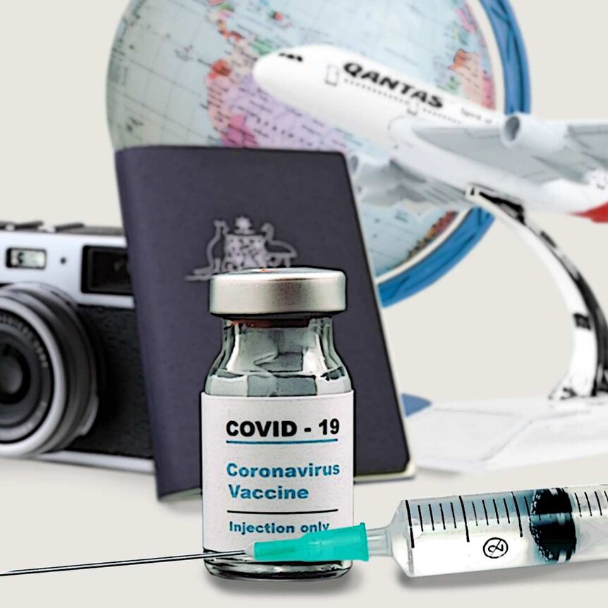 A graphics picture which includes a globe, Qantas plane, camera, passport and a COVID-19 vaccine.