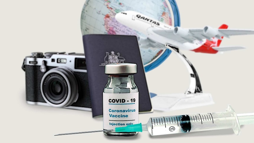 图上有一个地球，一家澳洲航空飞机，一个护照和一瓶新冠疫苗。