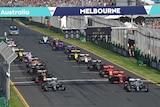 Formula 1 cars line up at the start of the 2019 Australian Grand Prix.