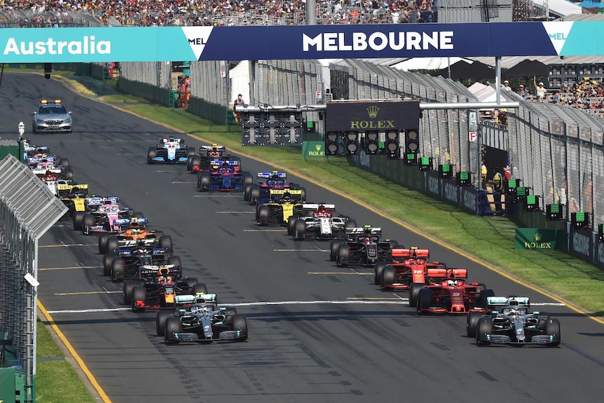 Formula 1 cars line up at the start of the 2019 Australian Grand Prix.