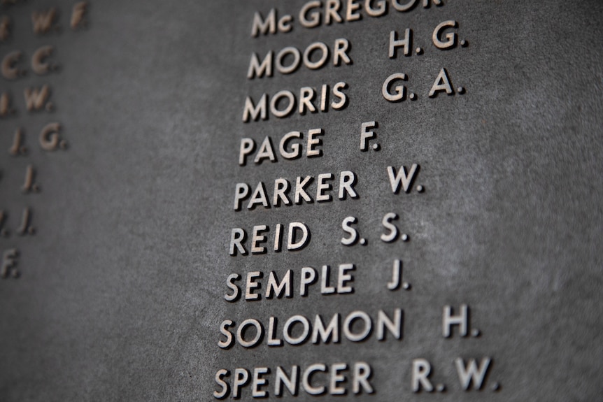 Close up of some of the names on the Roll of Honour at the Australian War Memorial.
