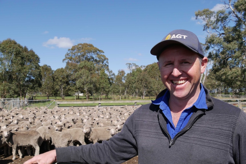 Farmer Tim Paulet stands in front of his sheep.