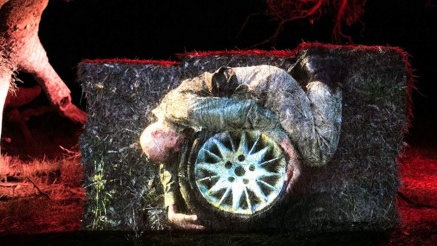 A red light shining on trees with a video projected onto a hay bale.