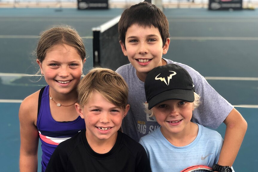 Aria Kelly, 9, Lennox Kelly, 7, William Fyfe, 9, Dominik Dobrenov, 10 at Queensland Tennis Centre