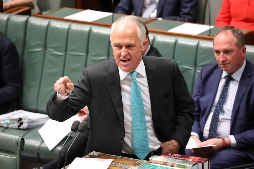 Malcolm Turnbull, looking angry, points his finger towards the Opposition during Question Time. Behind him is Barnaby Joyce.