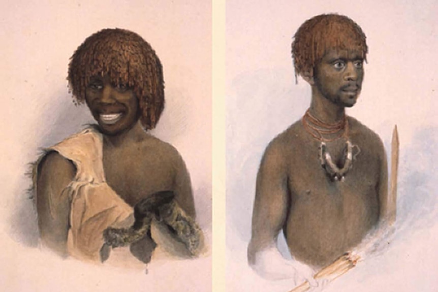 An illustration of two aboriginal men from the 1800s, one wearing a skin, and the other wearing a necklace.