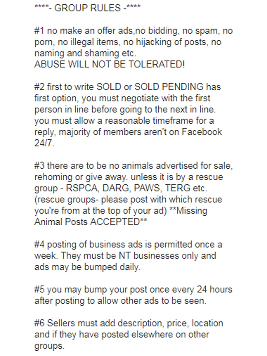 A screenshot of a list of rules for one NT Facebook buy, swap and sell group.