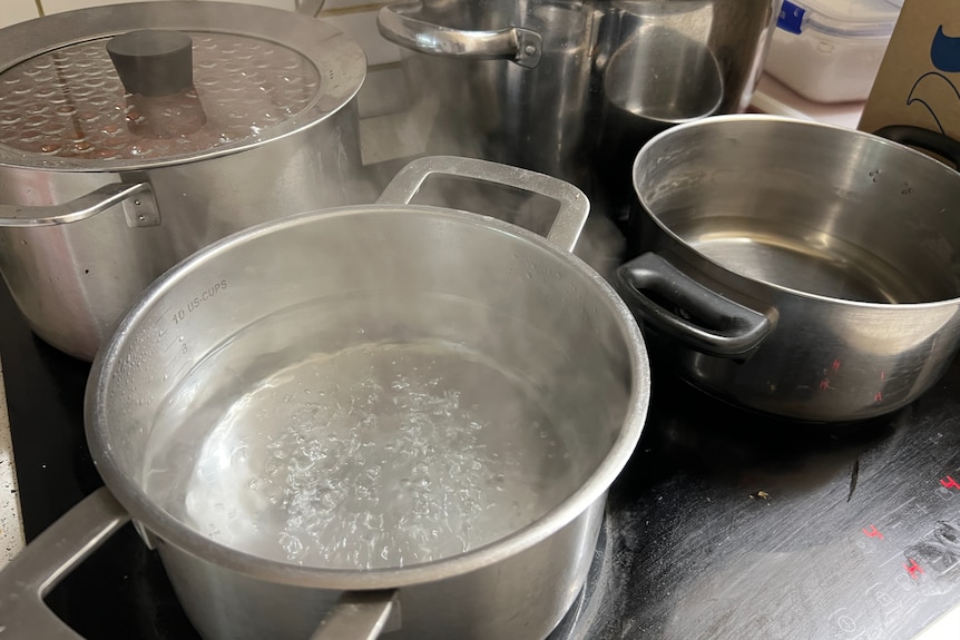 Three pots on a stove boiling water
