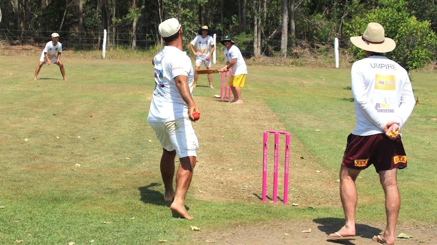 A game of cricket being played on a lush green pitch and backyard.