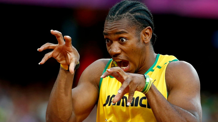 Yohan 'the beast' Blake gestures before the start of his Olympic men's 200m semi-final in London.