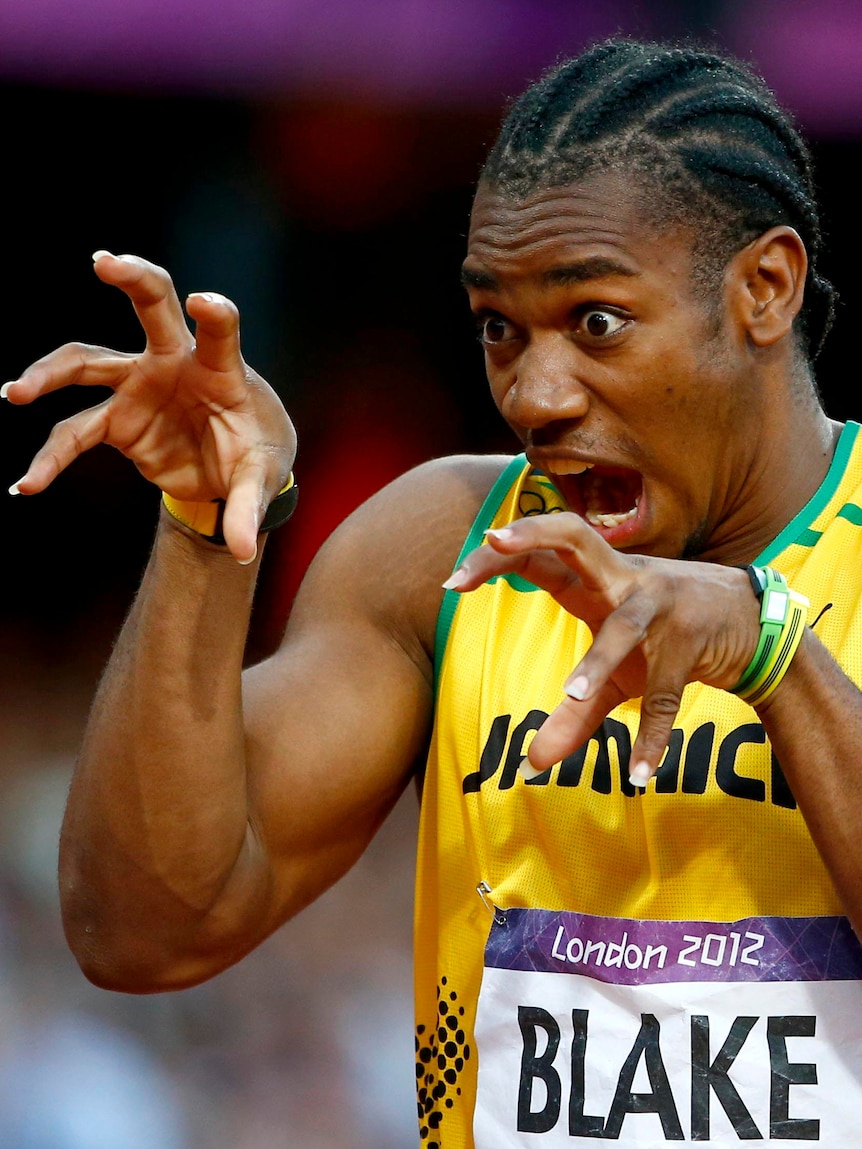 Yohan 'the beast' Blake gestures before the start of his Olympic men's 200m semi-final in London.