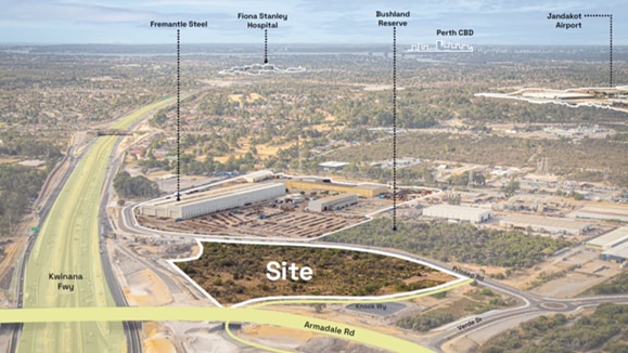 An illustrated bird's-eye view map showing the location of a planned wave park in Jandakot in Perth's southern suburbs.