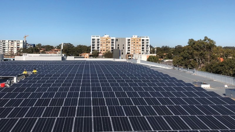 Solar panels on the roof of a Stockland property in Merrylands