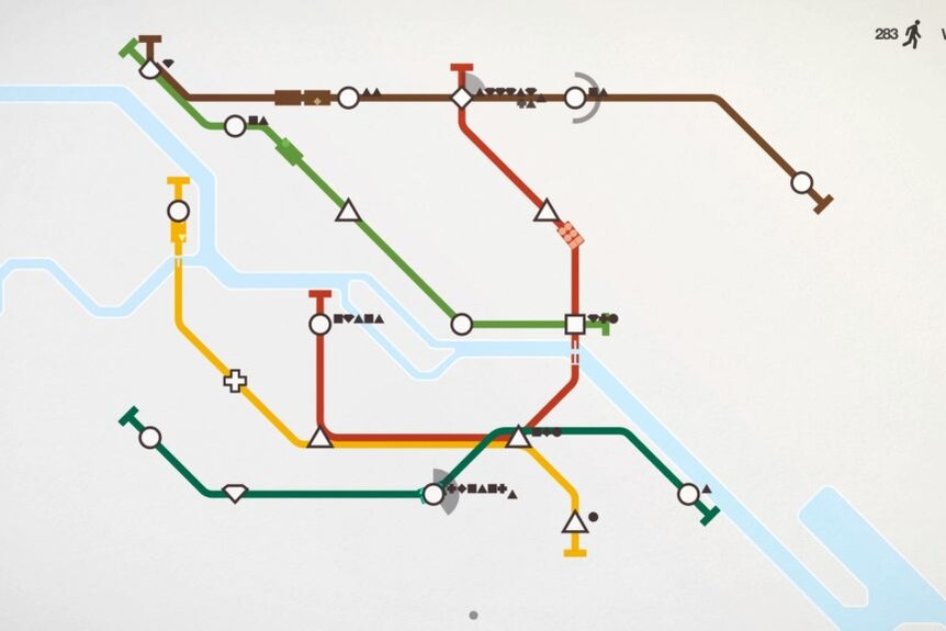 Screenshot of the game Mini Metro featuring a map of a subway system