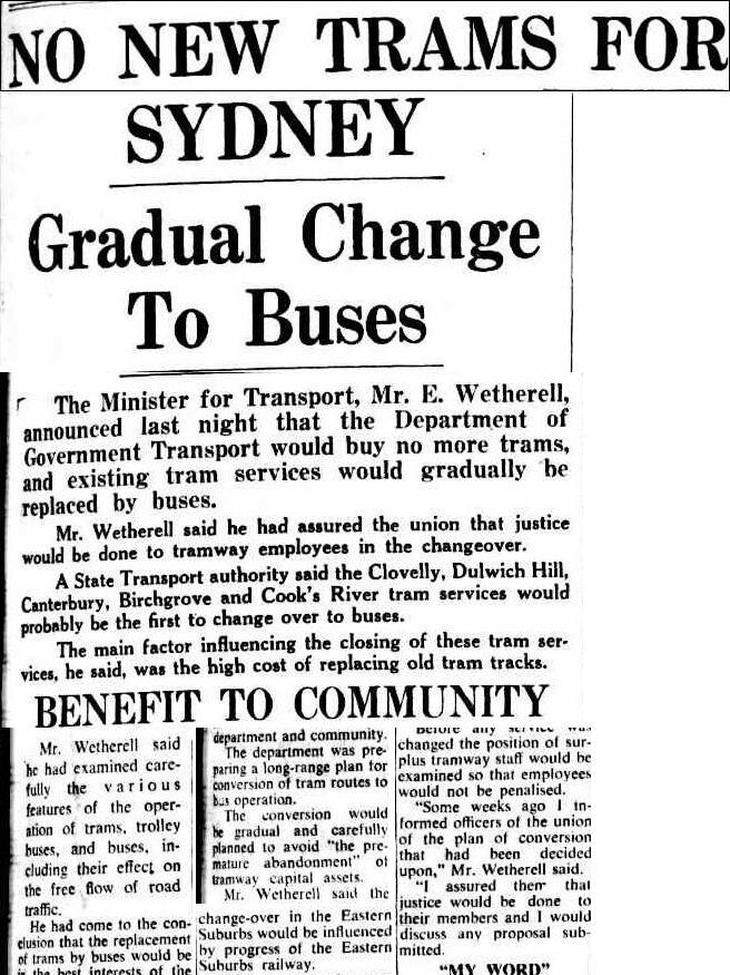 10 November 1953 Sydney Morning Herald article about the change from trams to buses in Sydney.
