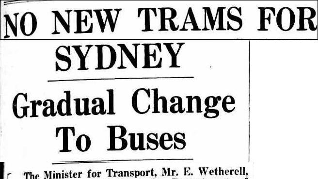 10 November 1953 Sydney Morning Herald article about the change from trams to buses in Sydney.