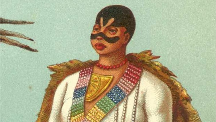 A colourful drawing of Sarah Baartman, wearing tight, white outfit , colourful beads, cloak and black markings on her face.