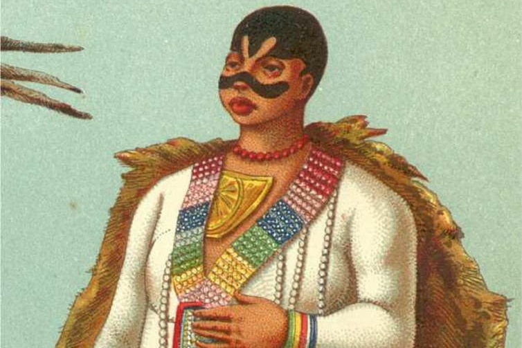 A colourful drawing of Sarah Baartman, wearing tight, white outfit , colourful beads, cloak and black markings on her face.