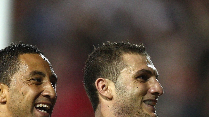 Benji Marshall and Robbie Farah celebrate Farah's try at Leichhardt Oval.