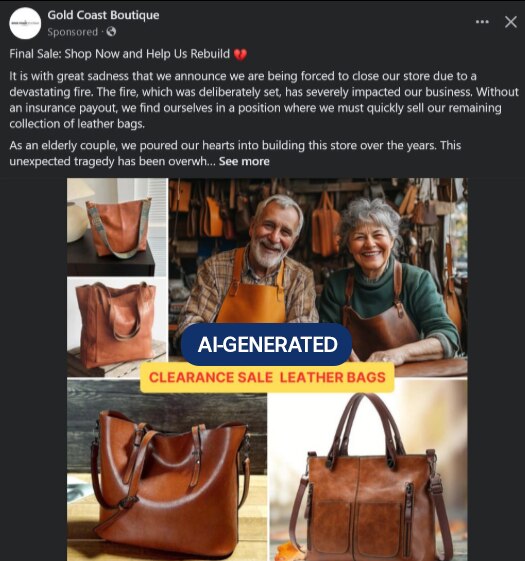 A mosaic of images of leather bags. One image has an elderly couple dressed in leather aprons. AI-GENERATED