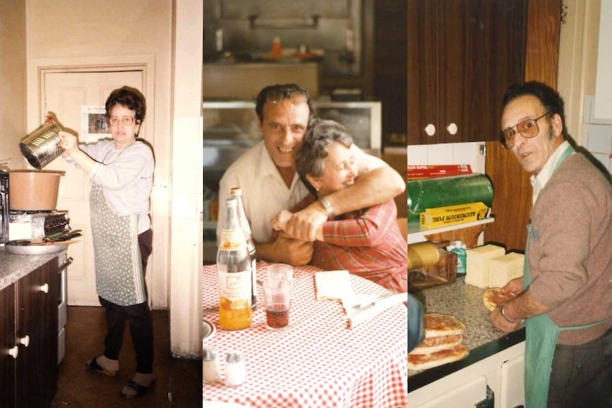 Older photograph of a older man and woman in a kitchen kneading pizza dough and emptying a large tin into a large pot.