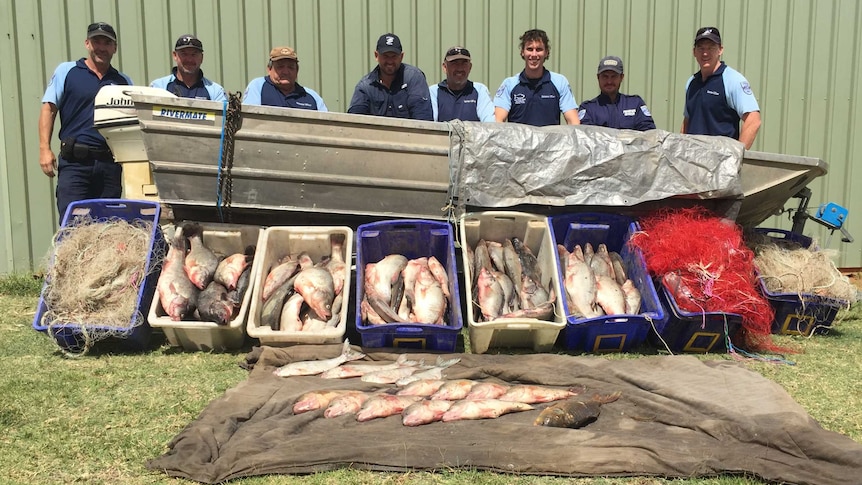 Eight police officers and officials stand in a row behind crates of large fish.