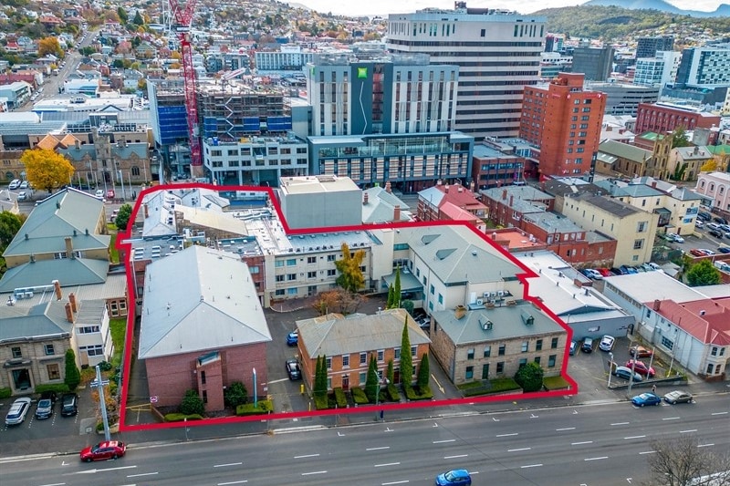 Aerial shot of Hobart city block with St Helens Hospital on it and at least three other major heritage buildings 
