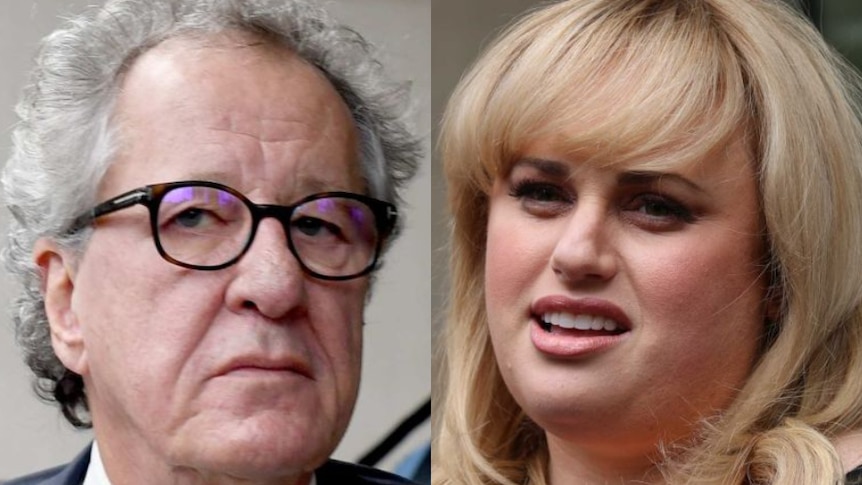 Geoffrey Rush and Rebel Wilson outside court