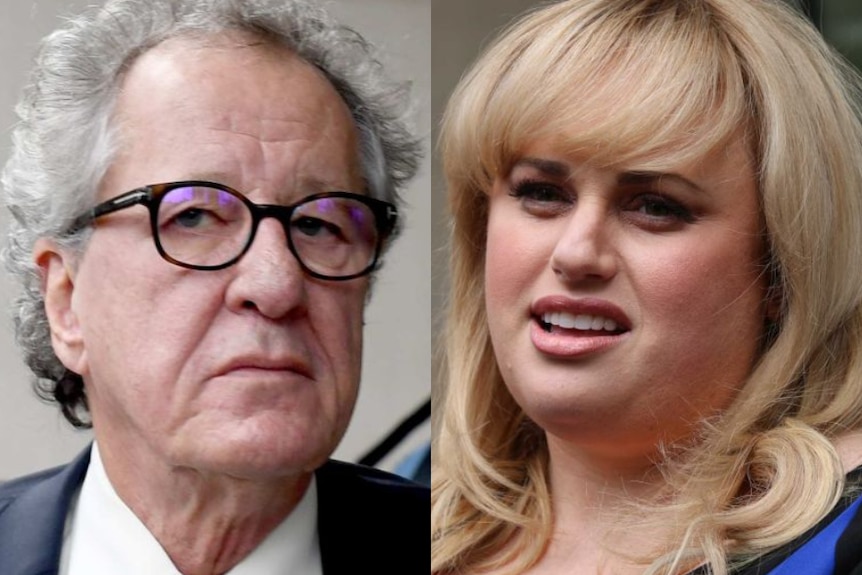 Geoffrey Rush and Rebel Wilson outside court