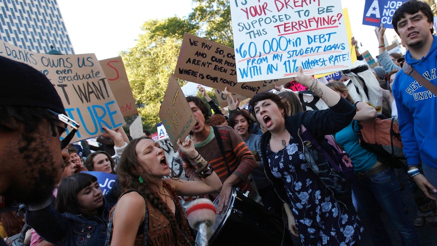 Occupy Wall Street protesters and students from Pratt Institute shout slogans.