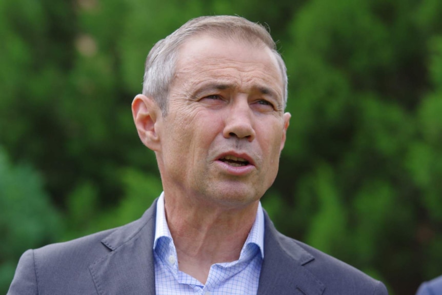 WA Health Minister Roger Cook speaking against background of green trees outside Royal Perth Hospital