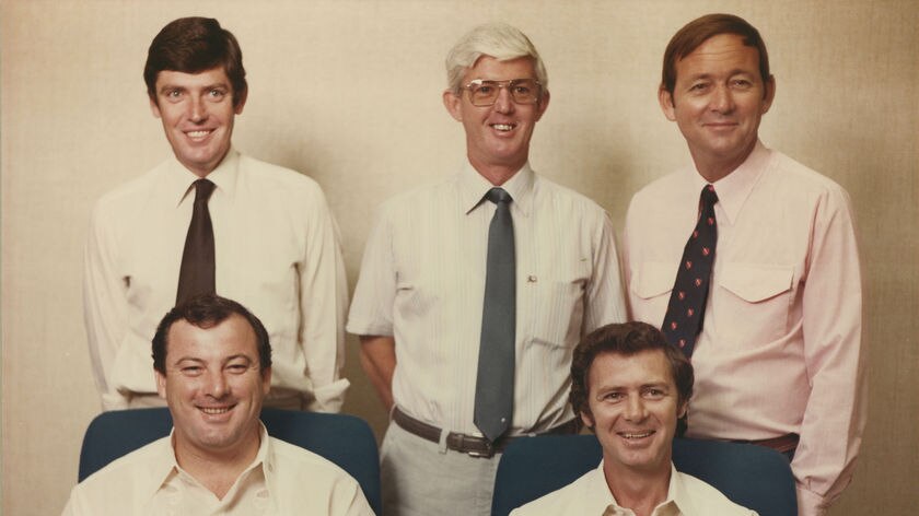 A 1978 photo showing Ian Tuxworth (centre) among the NT Parliament's first ministry of the Everingham government.