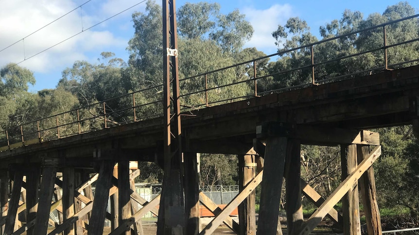 The single-track trestle train bridge in Eltham, on the Hurstbridge line in Melbourne's north.