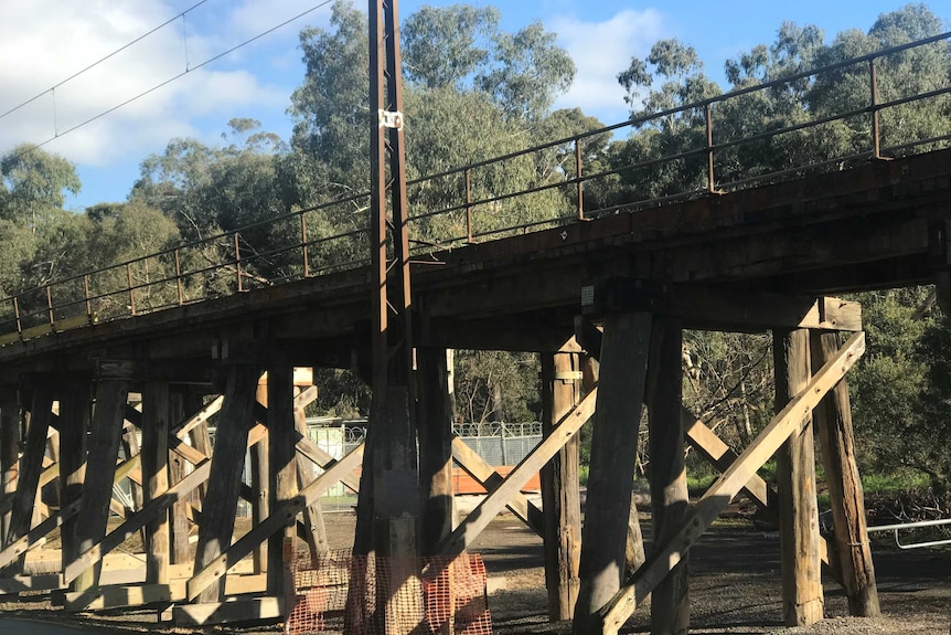 The single-track trestle train bridge in Eltham, on the Hurstbridge line in Melbourne's north.